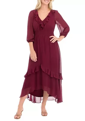 Women's 3/4 Sleeve Solid V-Neck Chiffon Dress