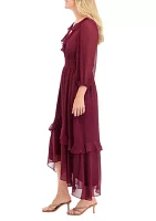 Women's 3/4 Sleeve Solid V-Neck Chiffon Dress