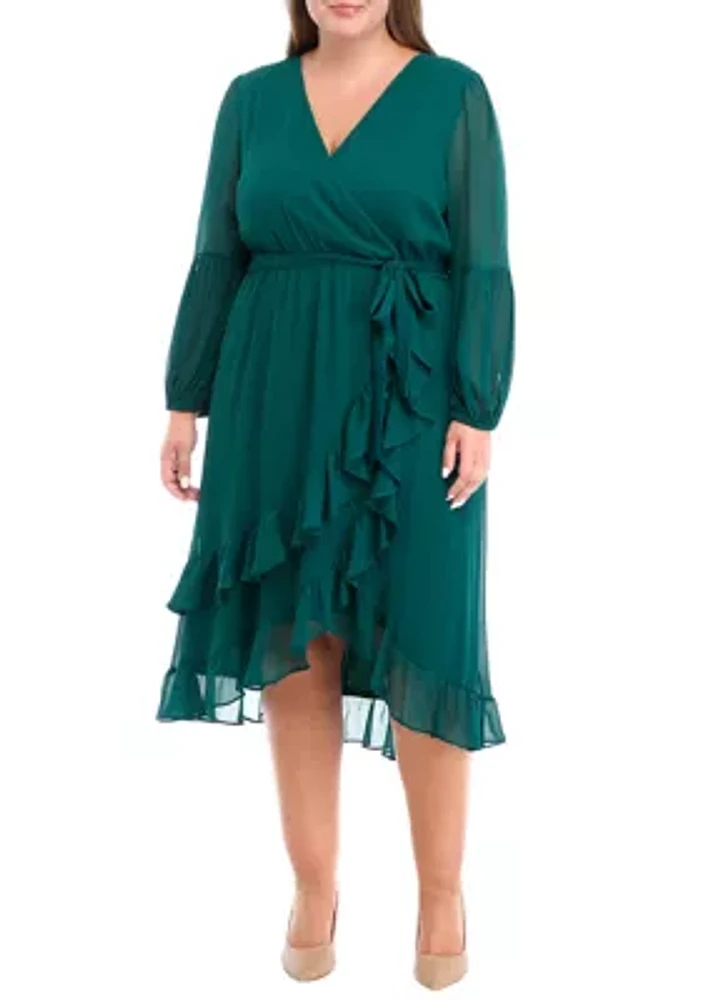 Plus Long Sleeve V-Neck Solid Ruffle Fit and Flare Dress