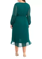 Plus Long Sleeve V-Neck Solid Ruffle Fit and Flare Dress