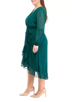 Plus Long Sleeve V-Neck Solid Ruffle Fit and Flare Dress