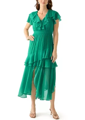 Women's Flutter Sleeve Solid Tiered Ruffle Dress