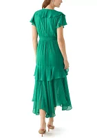 Women's Flutter Sleeve Solid Tiered Ruffle Dress