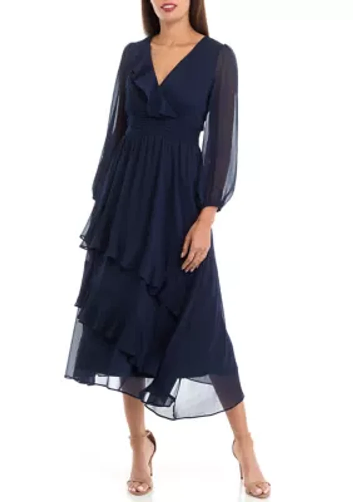 Women's V-Neck Solid Chiffon Fit and Flare Dress