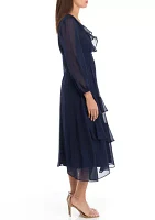 Women's V-Neck Solid Chiffon Fit and Flare Dress