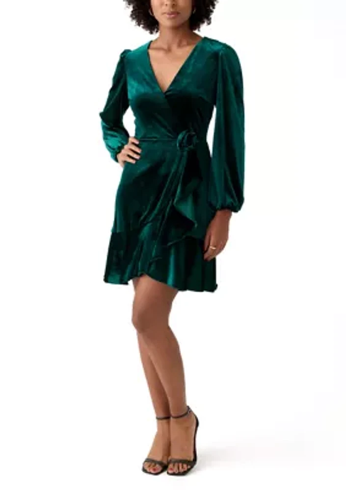 Women's Long Sleeve V-Neck Tie Waist Solid Velvet Fit and Flare Dress