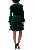 Women's Long Sleeve V-Neck Tie Waist Solid Velvet Fit and Flare Dress