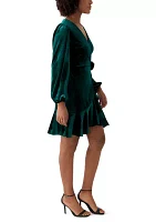 Women's Long Sleeve V-Neck Tie Waist Solid Velvet Fit and Flare Dress