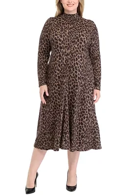 Plus Long Sleeve High Neck Printed Fit and Flare Dress