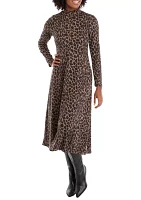 Women's Long Sleeve High Neck Animal Print Hacci A-Line Dress