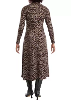 Women's Long Sleeve High Neck Animal Print Hacci A-Line Dress