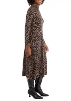 Women's Long Sleeve High Neck Animal Print Hacci A-Line Dress