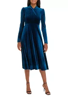 Women's Long Sleeve Mock Neck Solid Velvet Fit and Flare Dress