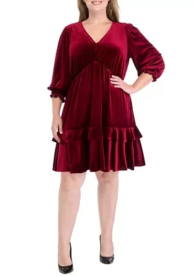 Plus 3/4 Sleeve V-Neck Burnout Babydoll Dress