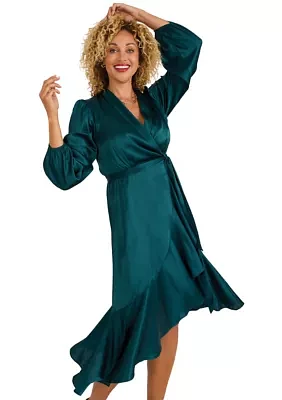 Women's Long Sleeve V-Neck Tie Waist Solid Satin Fit and Flare Dress