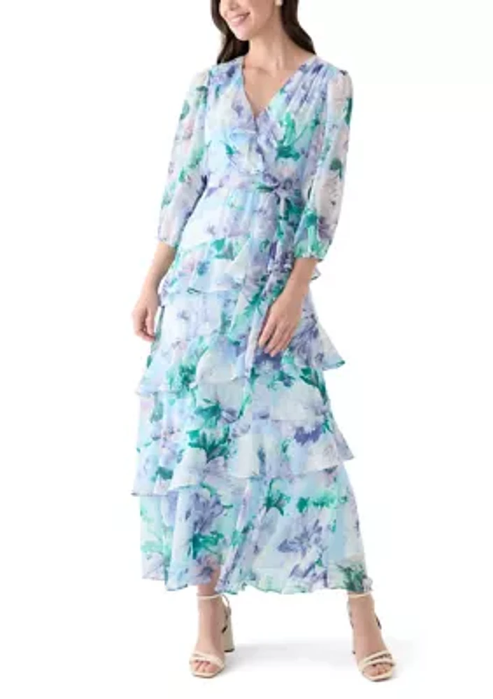 Women's 3/4 Sleeve V-Neck Floral Print Maxi Dress