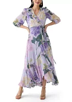 Women's 3/4 Blouson Sleeve V-Neck Floral Print Maxi Dress