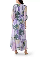 Women's 3/4 Blouson Sleeve V-Neck Floral Print Maxi Dress