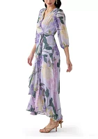 Women's 3/4 Blouson Sleeve V-Neck Floral Print Maxi Dress