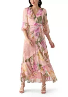 Women's 3/4 Blouson Sleeve Floral Chiffon Maxi Dress