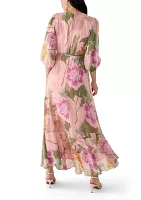 Women's 3/4 Blouson Sleeve Floral Chiffon Maxi Dress