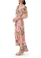 Women's 3/4 Blouson Sleeve Floral Chiffon Maxi Dress