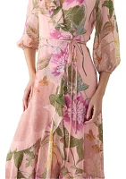 Women's 3/4 Blouson Sleeve Floral Chiffon Maxi Dress