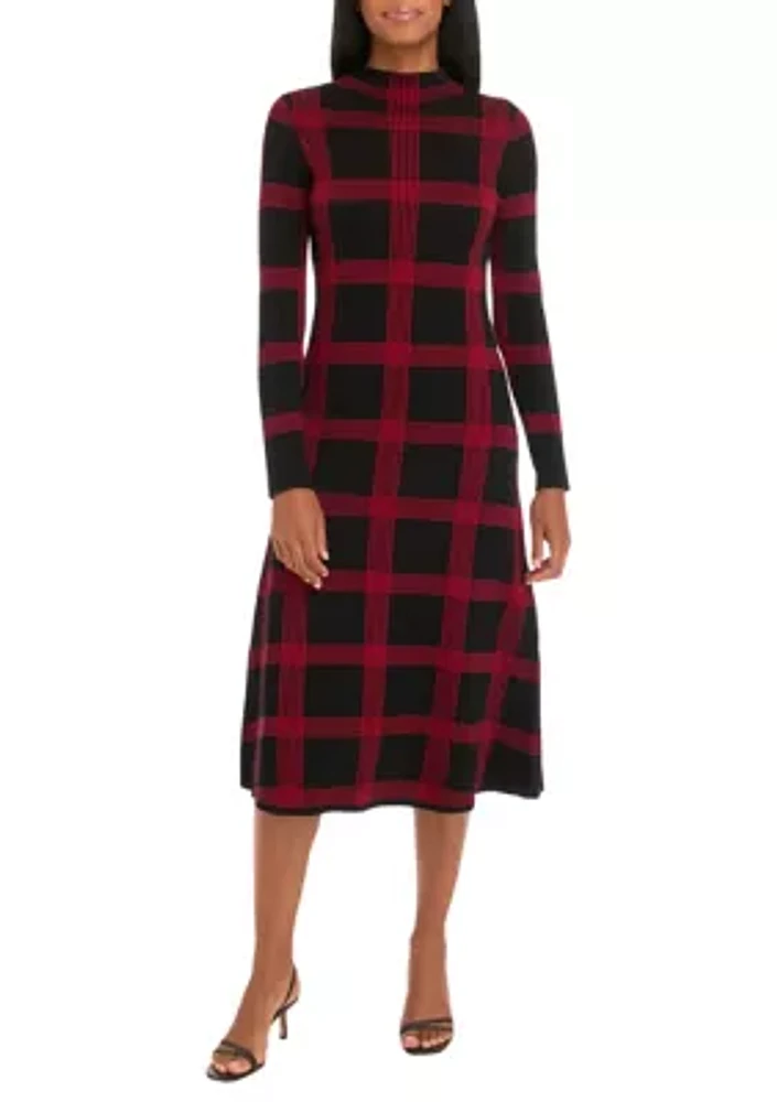 Women's Long Sleeve Printed Knit Fit and Flare Dress