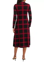 Women's Long Sleeve Printed Knit Fit and Flare Dress