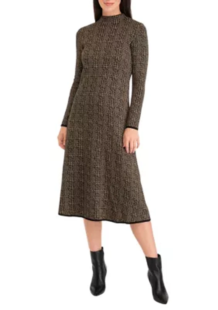 Women's Long Sleeve Mock Neck Solid Knit Fit and Flare Dress