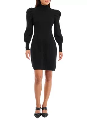 Women's Puff Sleeve Mock Neck Solid Sheath Dress