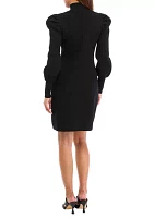 Women's Puff Sleeve Mock Neck Solid Sheath Dress