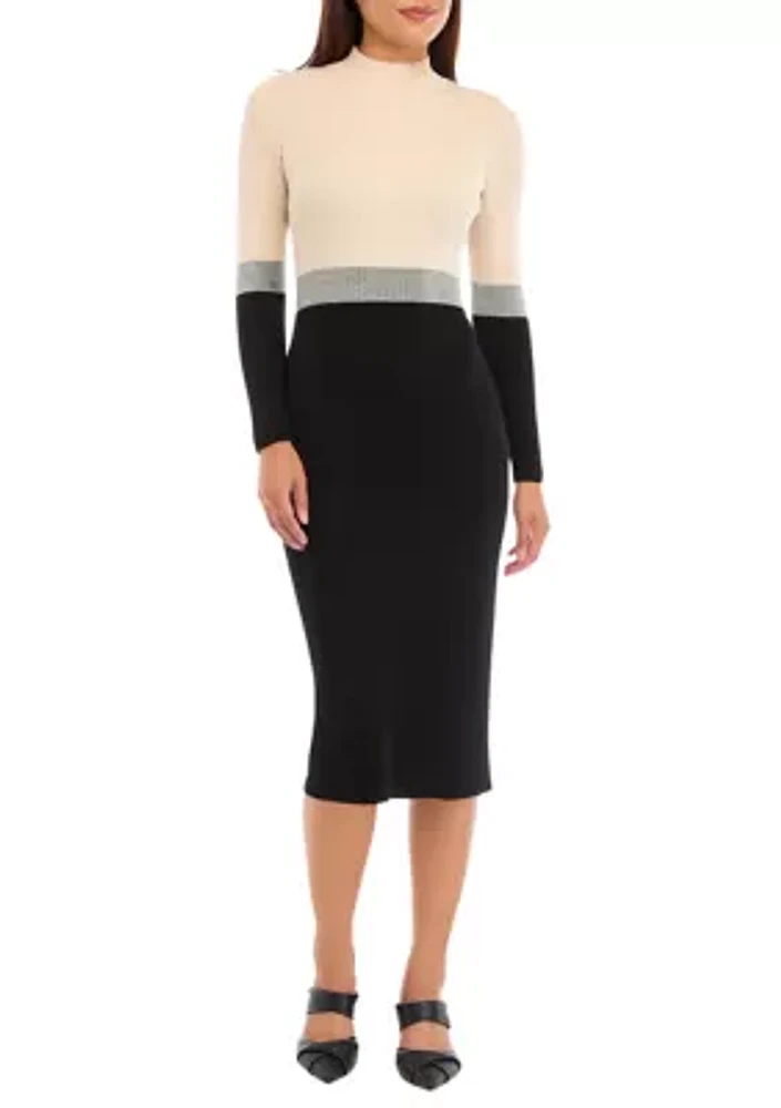 Women's Long Sleeve Mock Neck Color Block Sheath Dresas