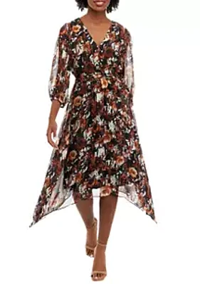 Danny & Nicole Women's V-Neck Tie Waist Floral Chiffon Fit and Flare Dress