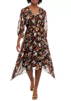 Danny & Nicole Women's V-Neck Tie Waist Floral Chiffon Fit and Flare Dress