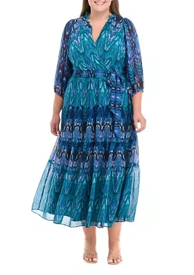 Plus 3/4 Sleeve Printed Fit and Flare Dress