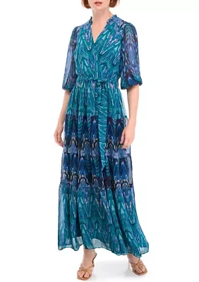 Women's 3/4 Sleeve V-Neck Printed Maxi Dress