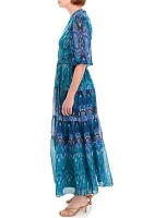 Women's 3/4 Sleeve V-Neck Printed Maxi Dress