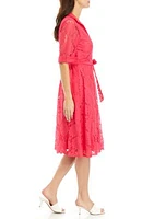 Women's Elbow Sleeve Lace Collar Neck Tie Waist Fit and Flare Dress