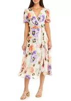 Women's Short Sleeve Floral Printed Chiffon Surplice Wrap Midi Dress