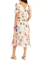 Women's Short Sleeve Floral Printed Chiffon Surplice Wrap Midi Dress