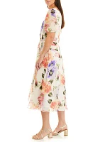 Women's Short Sleeve Floral Printed Chiffon Surplice Wrap Midi Dress