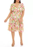 Danny & Nicole Plus Short Sleeve V-Neck Smocked Waist Floral Printed Dress