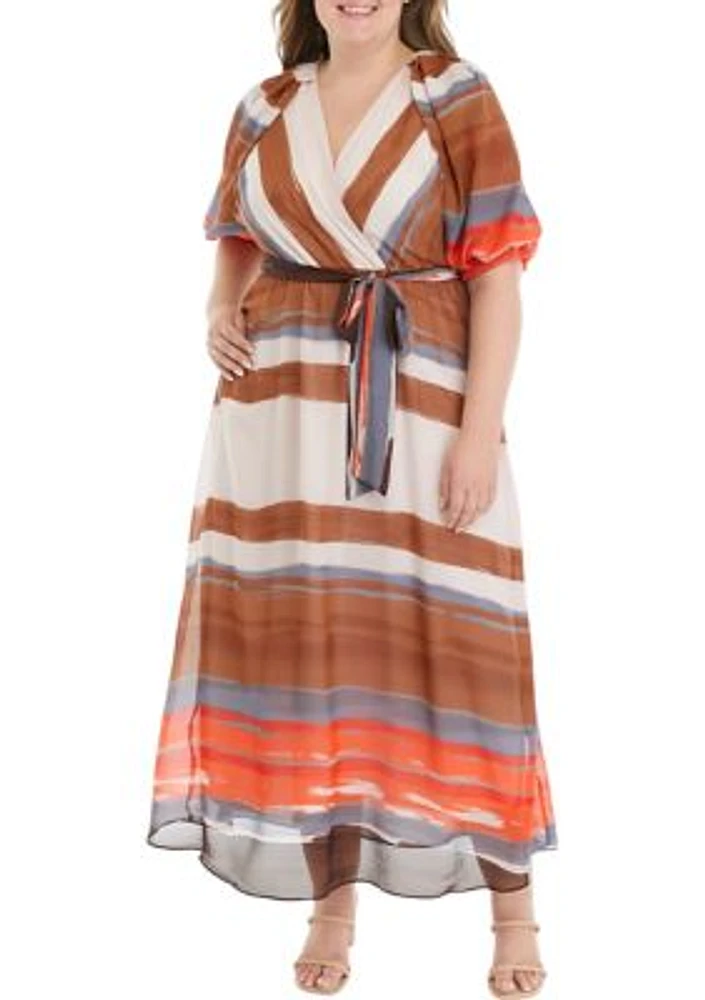 Plus Puff Sleeve V-Neck Stripe Print Chiffon Fit and Flare Dress