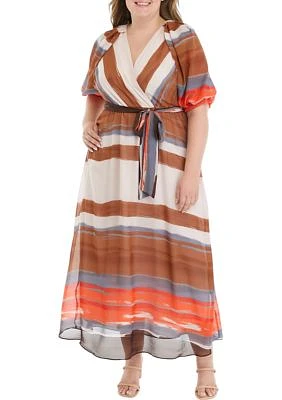 Plus Puff Sleeve V-Neck Stripe Print Chiffon Fit and Flare Dress