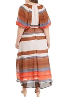 Plus Puff Sleeve V-Neck Stripe Print Chiffon Fit and Flare Dress