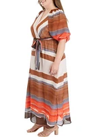 Plus Puff Sleeve V-Neck Stripe Print Chiffon Fit and Flare Dress