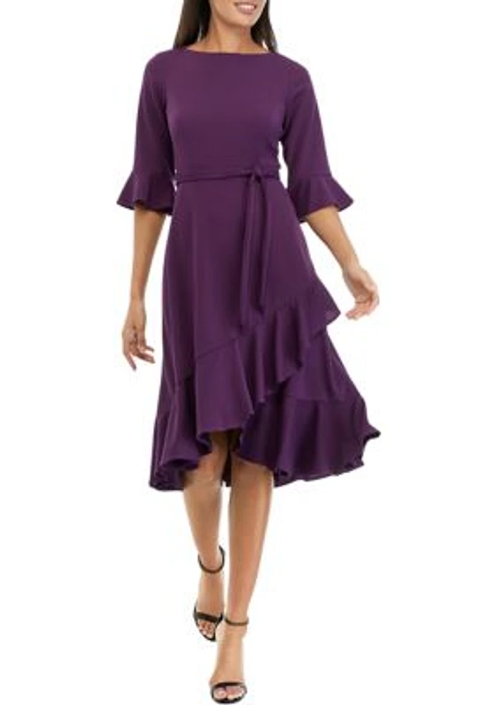 Women's Bell Sleeve Solid Crepe Wrap Fit and Flare Dress