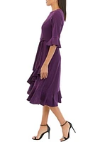 Women's Bell Sleeve Solid Crepe Wrap Fit and Flare Dress