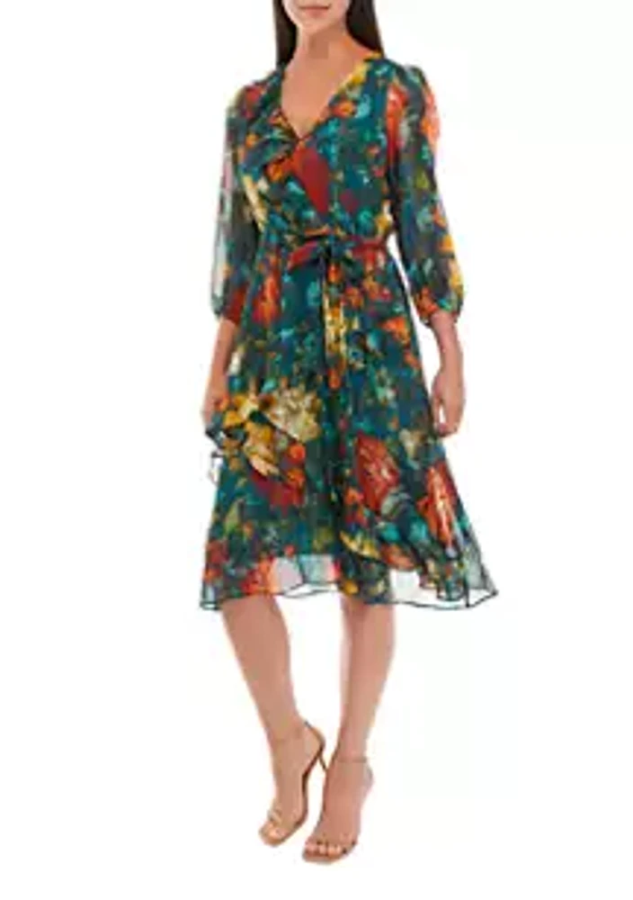 Julian Taylor Women's 3/4 Sleeve V-Neck Floral Chiffon Ruffle Dress